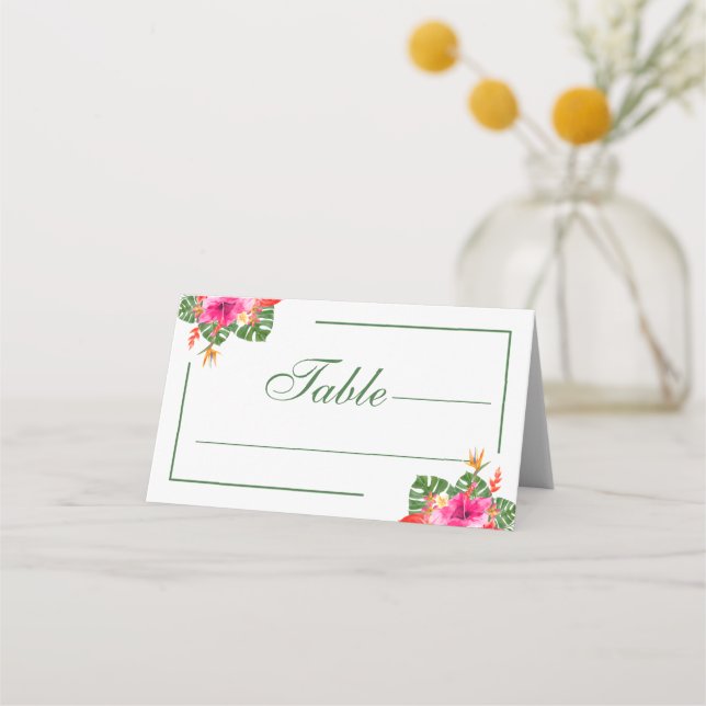 Tropischer Hibiskus Blumenpalme Blätter Hochzeit Platzkarte (Vorderseite)