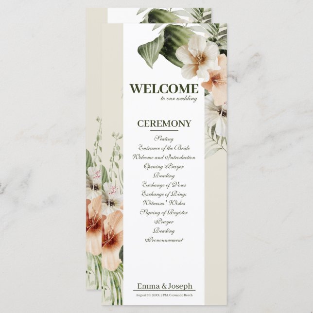 Tropischer Hibiskus Boho Pastel Wedding Programm (Vorne/Hinten)