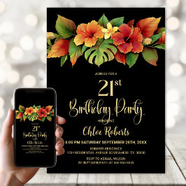 Tropischer Hibiskus Floral Black 21. Geburtstag Pa Einladung