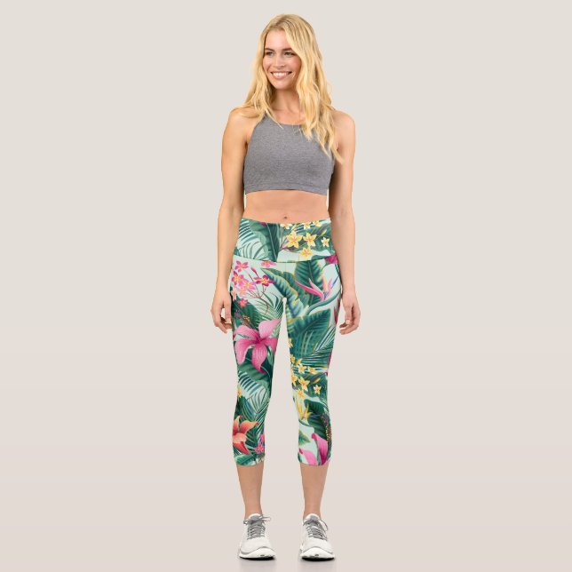 Tropischer Hibiskus: florales nahtloses Muster Capri Leggings (Vorderseite)