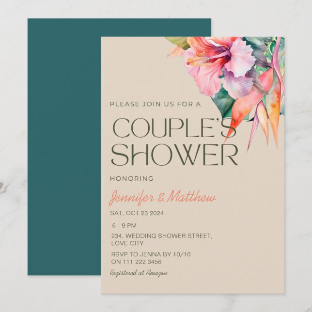 Tropischer Hibiskus Hawaiian Couples Dusche Einladung (Vorne/Hinten)