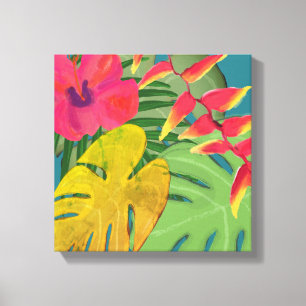 Tropischer Hibiskus Heliconia & Blätter Leinwanddruck