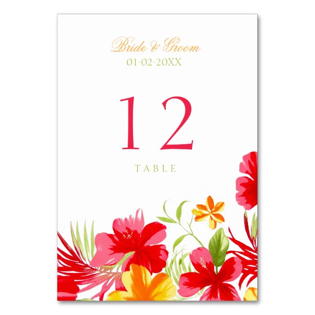 Tropischer Hibiskus Hochzeitkarte Tischnummer (Vorderseite)