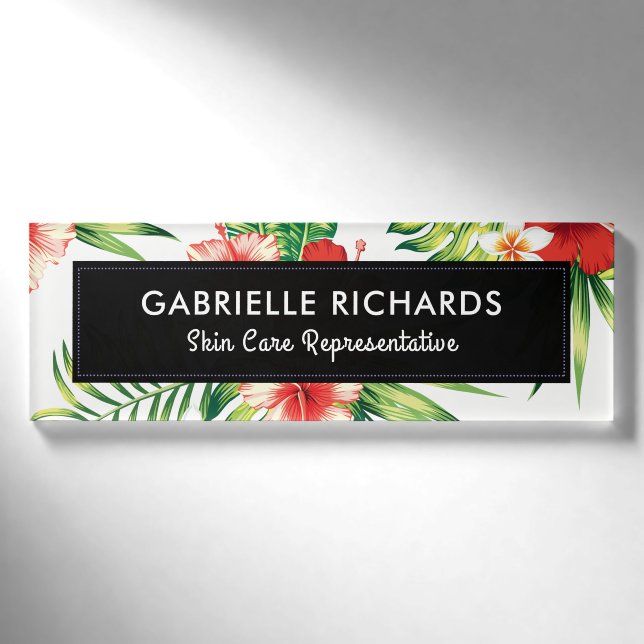 Tropischer Hibiskus mit Rot und Rosa und Grüne Blä Namenschild (Vorderseite)