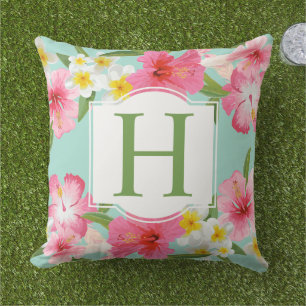 Tropischer Hibiskus-Monogramm-Aqua-Blumen Kissen