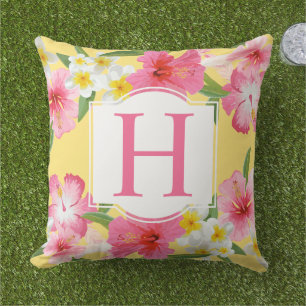 Tropischer Hibiskus-Monogramm-Gelb-Blumenmuster Kissen