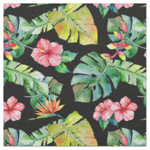 Tropischer Hibiskus Palm Blätter Schwarzes Muster