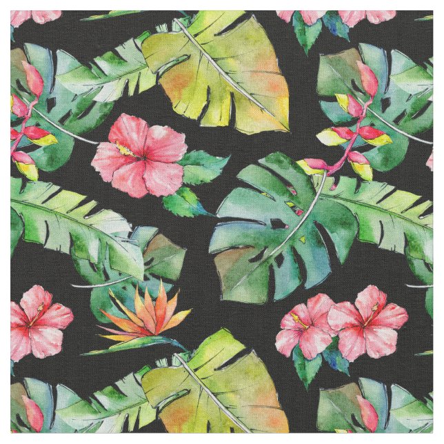 Tropischer Hibiskus Palm Blätter Schwarzes Muster Stoff (Nahaufnahme)