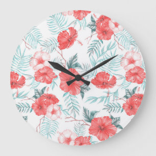 Tropischer Hibiskus Palm Nahtlos drucken Große Wanduhr