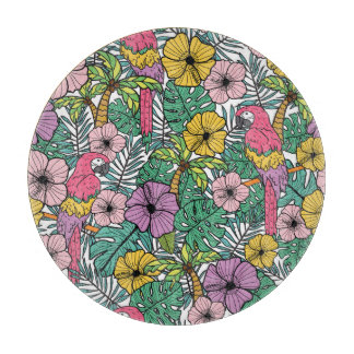 Tropischer Hibiskus, Palmen, Papageienmuster. Schneidebrett