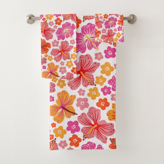 Tropischer Hibiskus - rosa und orange Badhandtuch Set (Insitu)