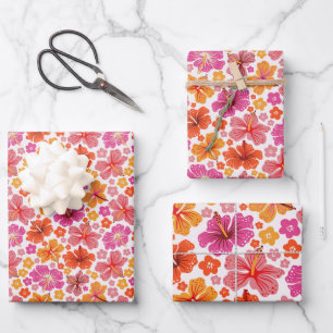 Tropischer Hibiskus - rosa und orange Geschenkpapier Set