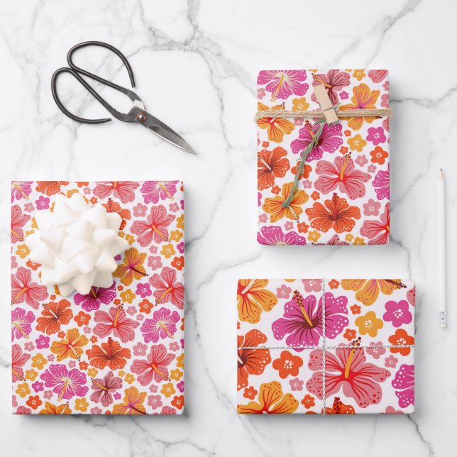 Tropischer Hibiskus - rosa und orange Geschenkpapier Set (Vorderseite)