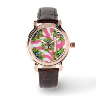 Tropischer Hibiskus und exotische rosa Zebrastreif Armbanduhr
