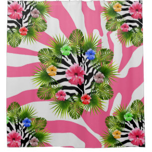 Tropischer Hibiskus und exotische rosa Zebrastreif Duschvorhang
