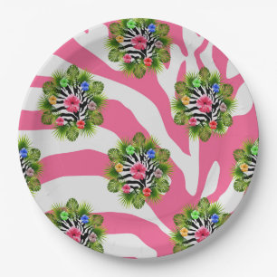 Tropischer Hibiskus und exotische rosa Zebrastreif Pappteller