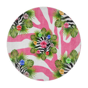 Tropischer Hibiskus und exotische rosa Zebrastreif Schneidebrett