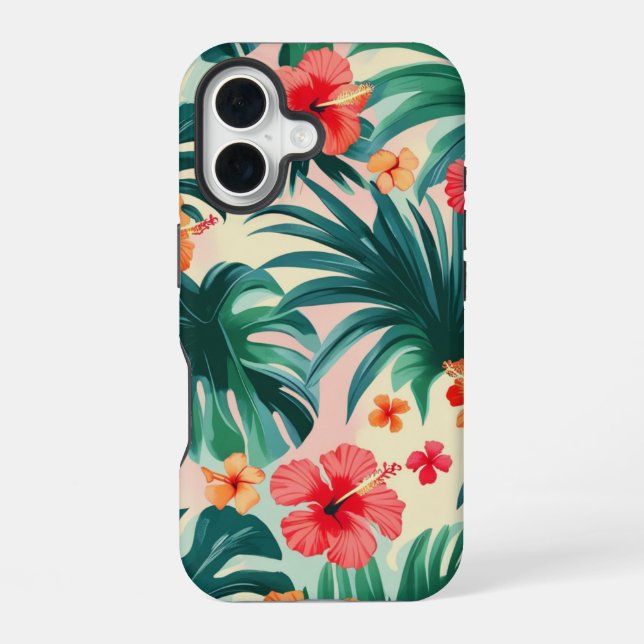 Tropischer Hibiskus und Palm Blätter Muster iPhone 16 Hülle (Rückseite)