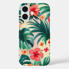 Tropischer Hibiskus und Palm Blätter Muster iPhone 16 Hülle