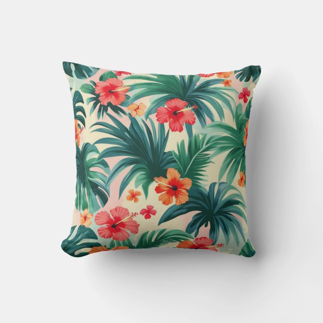 Tropischer Hibiskus und Palm Blätter Muster Kissen (Vorderseite)