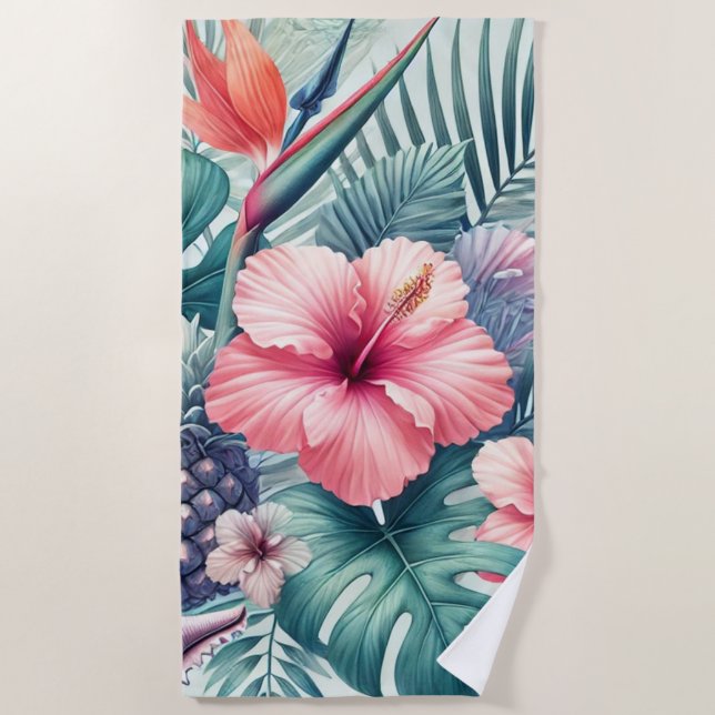 Tropischer Hibiskus und Palmendesign Strandtuch (Vorderseite)