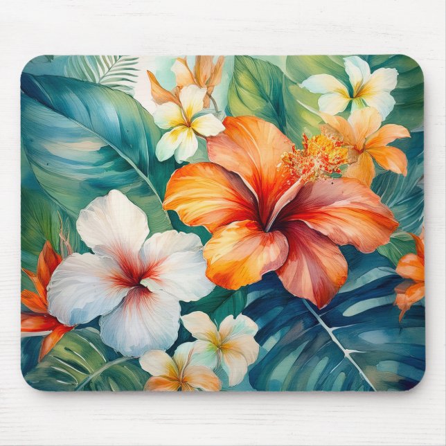 Tropischer Hibiskus Wasserfarbe Hawaiischer Garten Mousepad (Vorne)