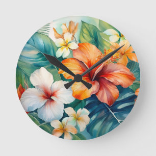 Tropischer Hibiskus Wasserfarbe Hawaiischer Garten Runde Wanduhr