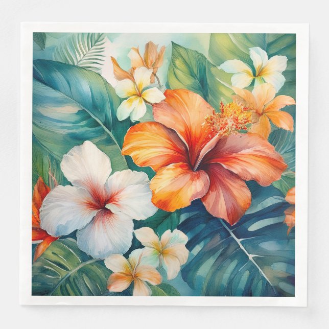 Tropischer Hibiskus Wasserfarbe Hawaiischer Garten Serviette (Vorderseite)