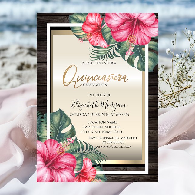 Tropischer Hibiskus Wood Quinceanera Einladung (Von Creator hochgeladen)