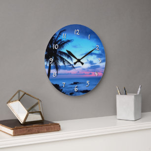 Tropischer Inselstrand Ozean Rosa Blau Sonnenunter Große Wanduhr