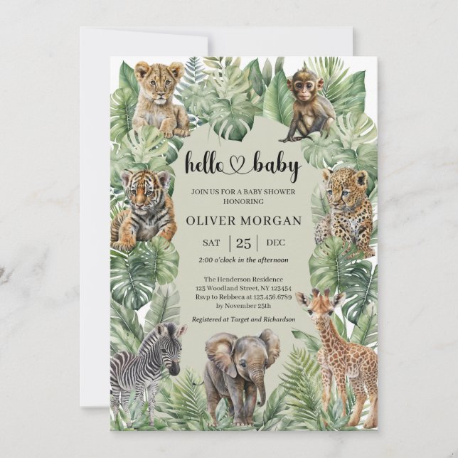Tropischer Jungle Safari Tiere Kinderdusche Einladung (Vorderseite)