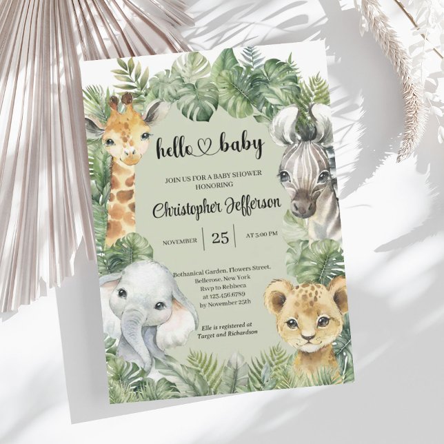 Tropischer Jungle Safari Tiere Kinderdusche Einladung (Tropical Jungle Safari Animals Boy Baby Shower Invitation)