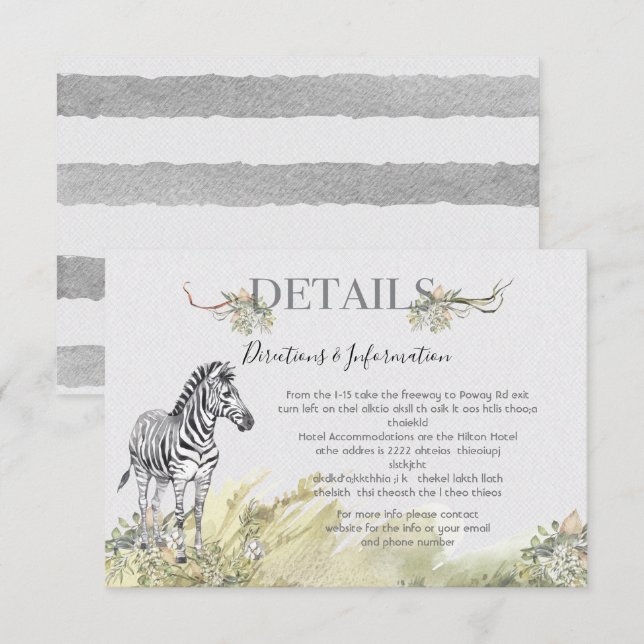 Tropischer Jungle Zebra Wedding Details Karte (Vorne/Hinten)
