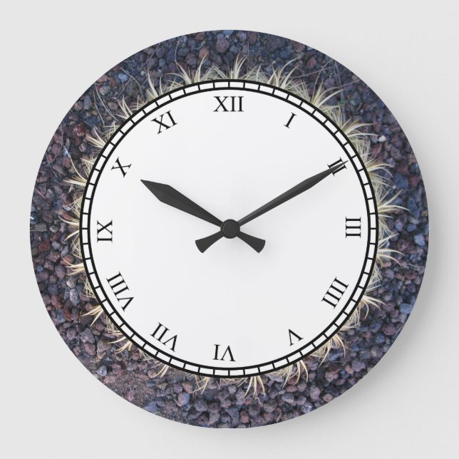 Tropischer Kaktus auf Kies Button Zeit römische Zi Große Wanduhr (Vorderseite)