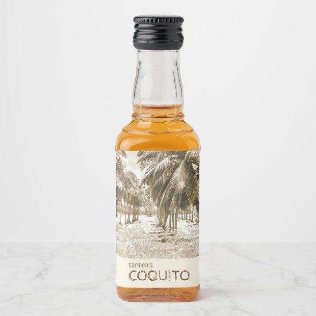 Tropischer Kokospalmenbaum für Coquito Alkoholflaschenetikett (Vorderseite)
