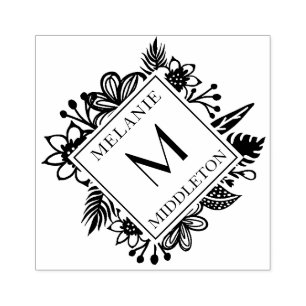 Tropischer Kranz-Grün-Familienname u. Monogramm Gummistempel