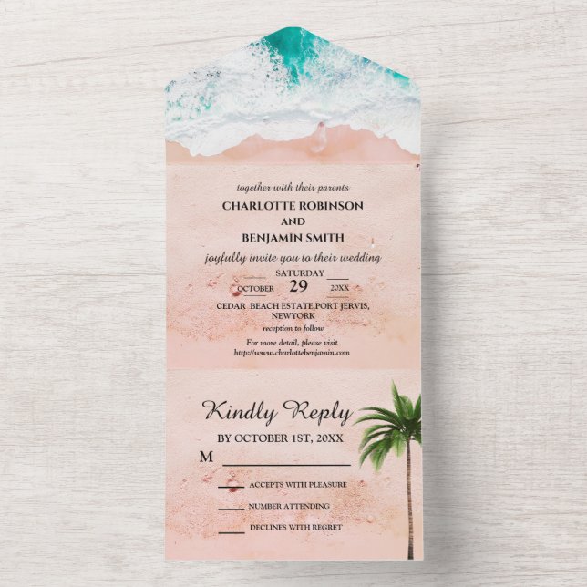 Tropischer Küstenstrand Hochzeit All In One Einladung (Innen Boden)