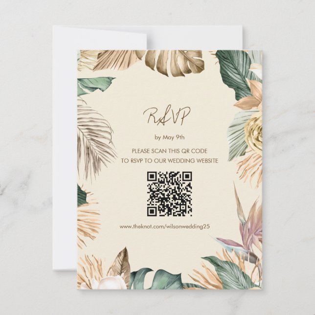 Tropischer Leaf Beach RSVP-Karte mit QR-Code RSVP Karte (Vorderseite)