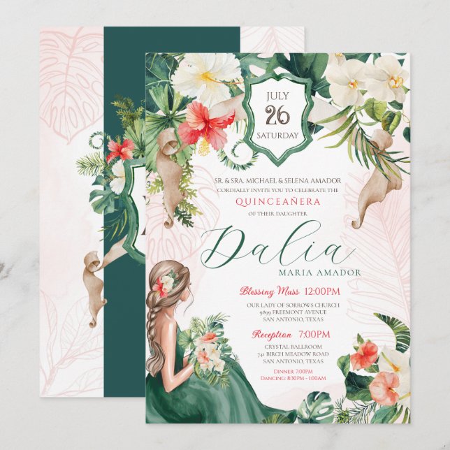 Tropischer Leaf Emerald Green Floral Quinceanera Einladung (Vorne/Hinten)