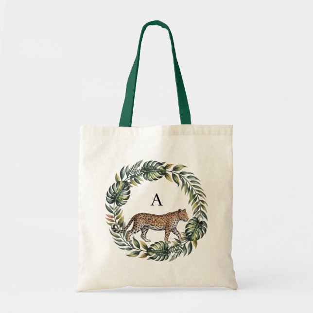 Tropischer Leaf-Kranz mit Leopard - Minimalistisch Tragetasche (Vorne)