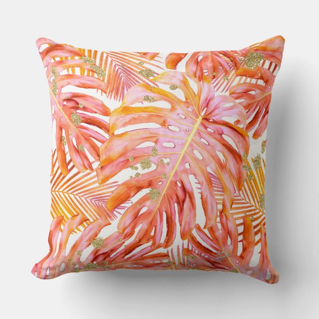 Tropischer Leaf Muster Coral & Rose Gold Glitzer Kissen (Vorderseite)