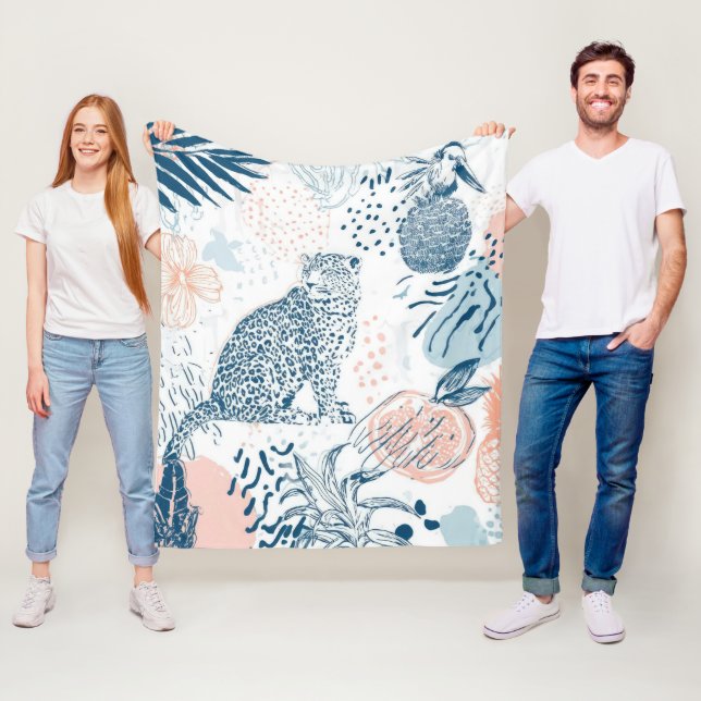 Tropischer Leopard Blau Pfirsich Abstrakt Fleecedecke (Beispiel)