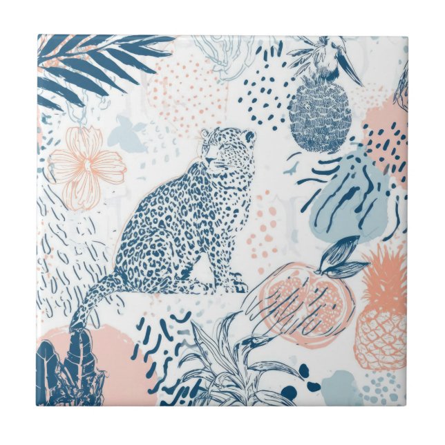 Tropischer Leopard Blau Pfirsich Abstrakt Fliese (Vorderseite)