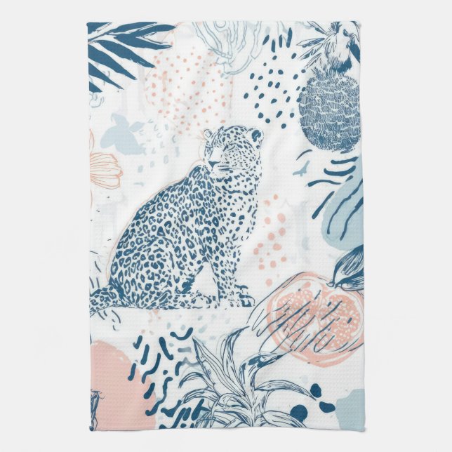 Tropischer Leopard Blau Pfirsich Abstrakt Geschirrtuch (Vertikal)
