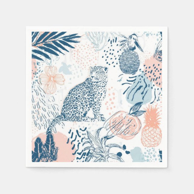 Tropischer Leopard Blau Pfirsich Abstrakt Serviette (Vorderseite)