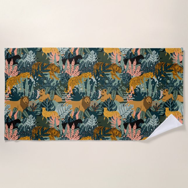Tropischer Leopard und Tiger-Dschungelmuster Strandtuch (Vorderseite)