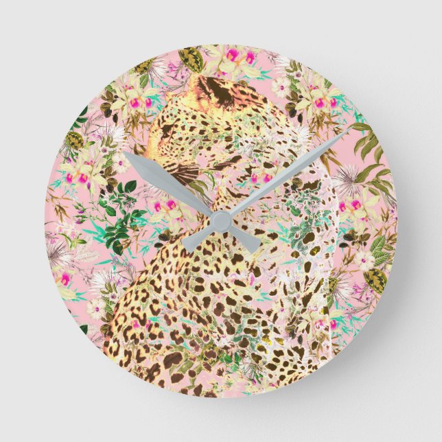 Tropischer Leopardenprint   Runde Wanduhr (Vorderseite)