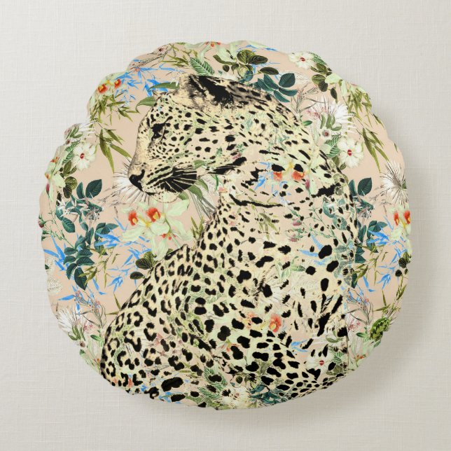 Tropischer Leopardenprint Rundes Kissen (Vorderseite)