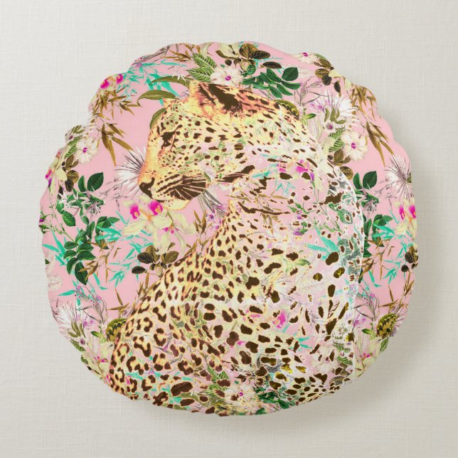 Tropischer Leopardenprint Rundes Kissen (Vorderseite)