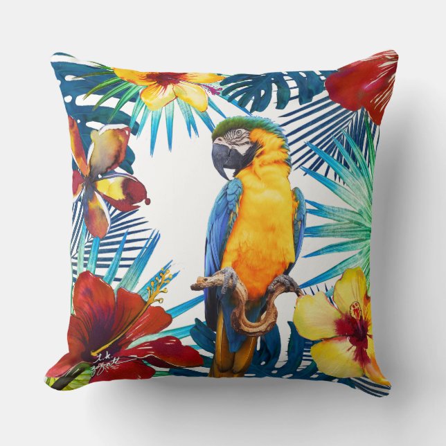 Tropischer Macaw Papagei Gelb Aquamariner Red Flor Kissen (Vorderseite)